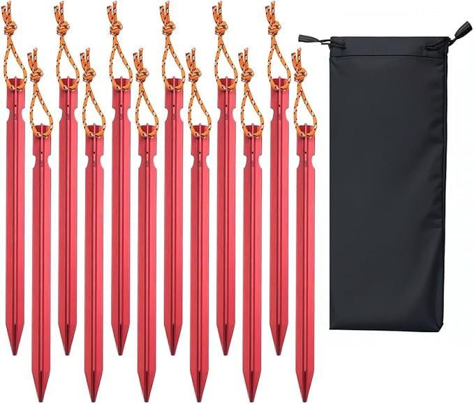 12 Pack Tent Stakes, 7-inch Ultralight Aluminum Ground Pegs with Reflective Pull Ropes